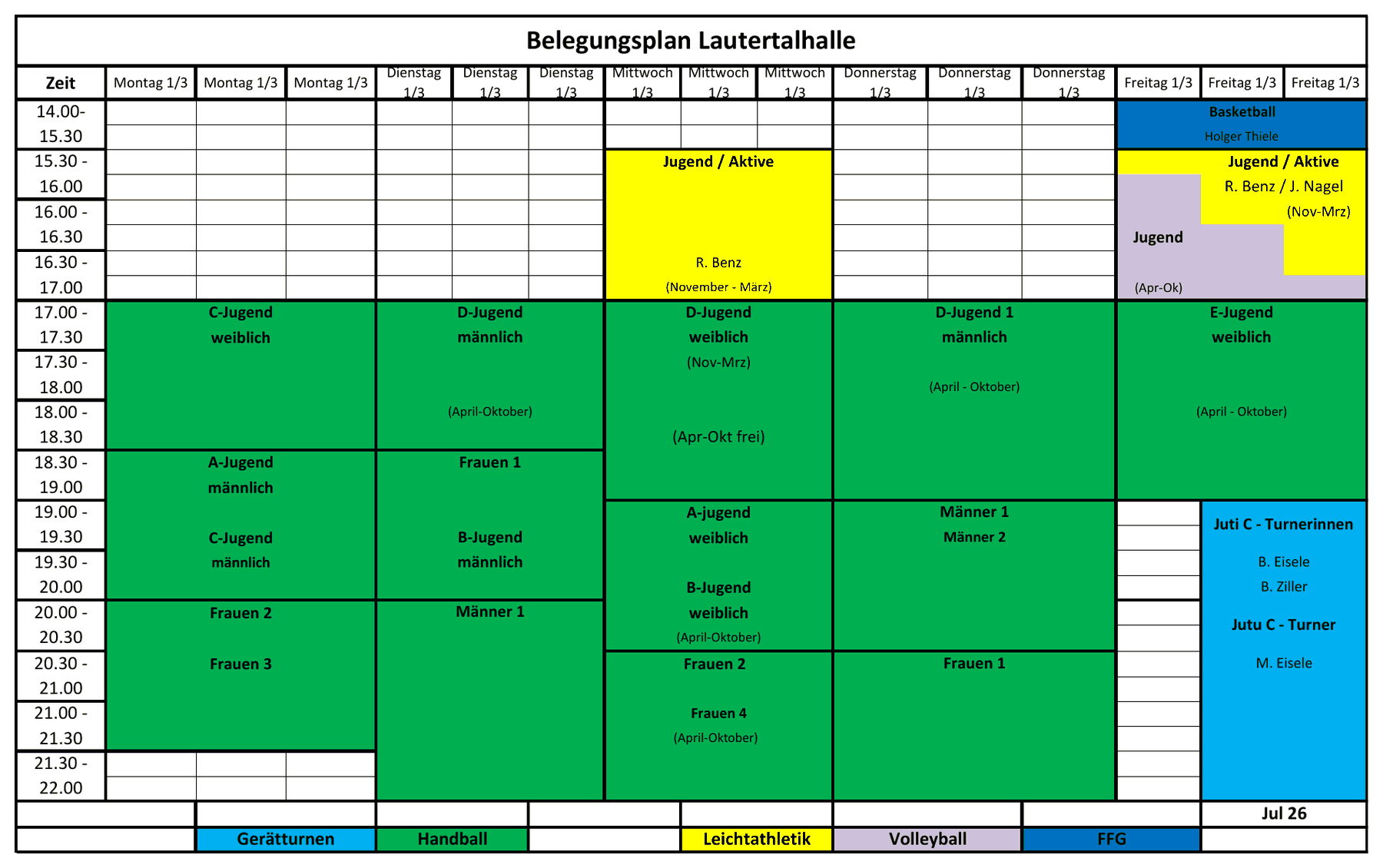 Belegungsplan Lautertalhalle, Stand Juli 2026