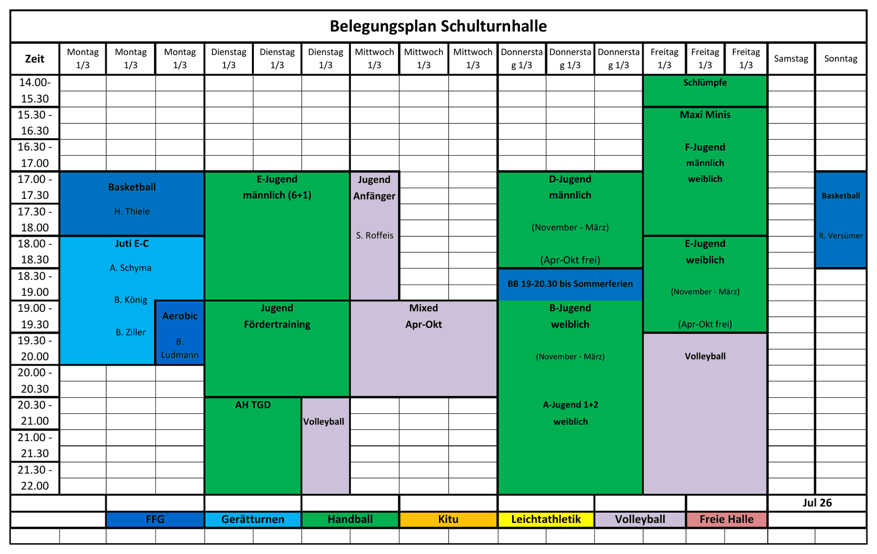 Belegungsplan Schulturnhalle, Stand Juli 2026